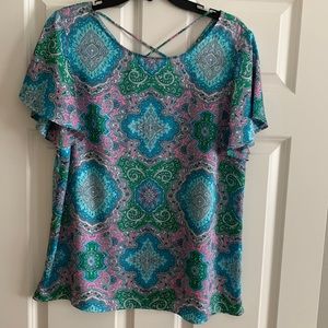 Talbots turquoise,green, pink & white blouse size L flare short sleeve 100% poly